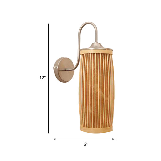 Asian Style Cylinder Bamboo And Metal Wall Lamp With Gooseneck Arm - 1 Bulb Beige Shade