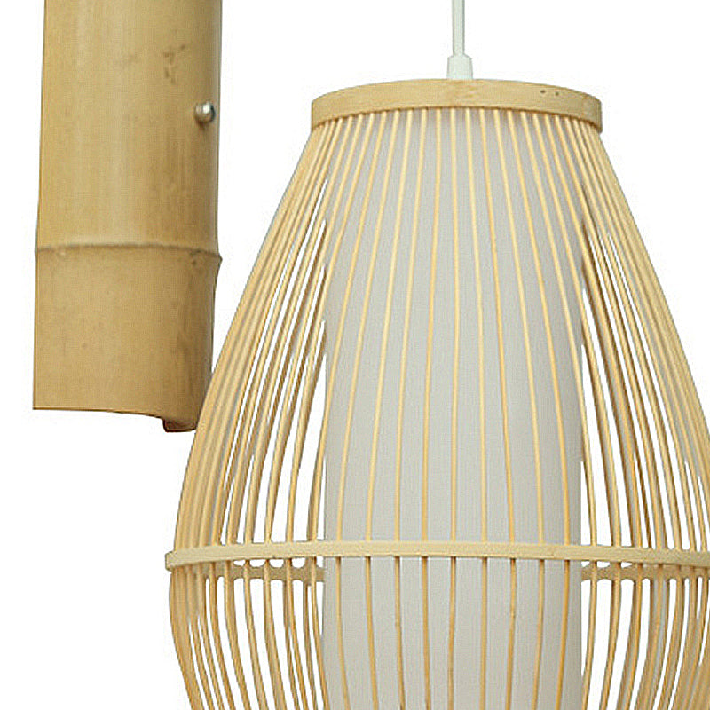 Oriental Oval Wall Light Sconce With Bamboo Lantern Design - 1-Light Beige Lamp