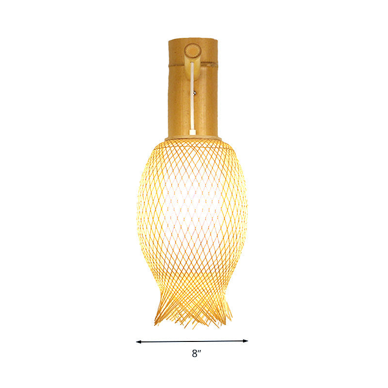 Bamboo Wall Sconce With Asian Style And Beige Oblong Shade - Hand Woven 1-Bulb Lamp