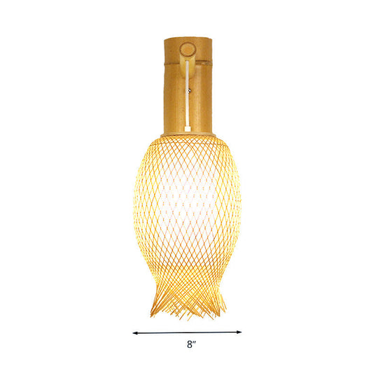 Bamboo Wall Sconce With Asian Style And Beige Oblong Shade - Hand Woven 1-Bulb Lamp