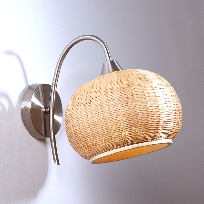 Modern Rattan Drum Sconce Wall Light - Chrome Finish 1-Light Lamp With Curved Metal Arm