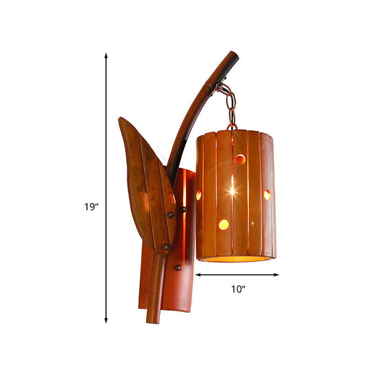 Brown Lodge Style Wall Lamp With Bamboo Shade And Leaf Decor - Perfect For Corridor