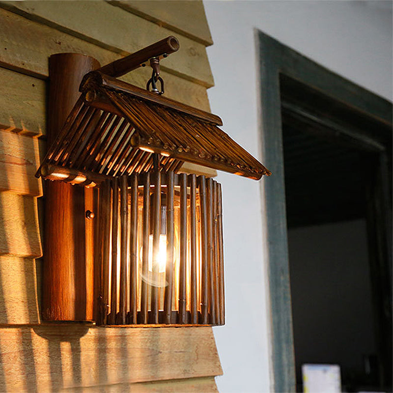 Wooden House Shaped Wall Light Sconce - Lodge Style Bamboo Lamp For Balcony Brown