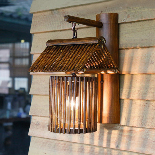 Wooden House Shaped Wall Light Sconce - Lodge Style Bamboo Lamp For Balcony