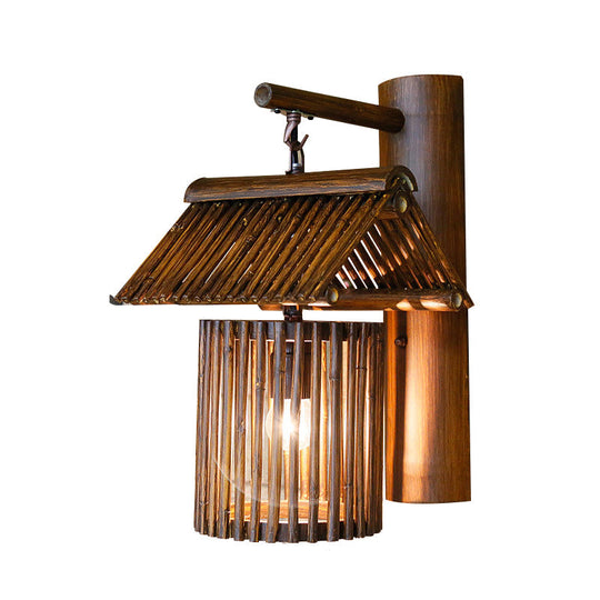 Wooden House Shaped Wall Light Sconce - Lodge Style Bamboo Lamp For Balcony