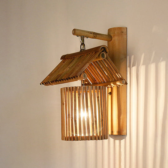 Wooden House Shaped Wall Light Sconce - Lodge Style Bamboo Lamp For Balcony