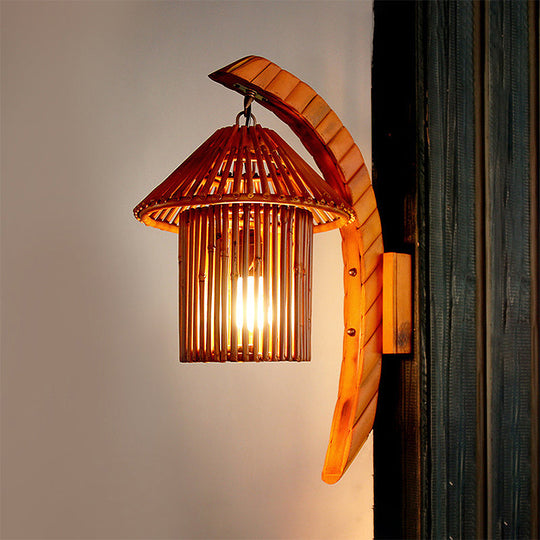 Bamboo Country House Wall Sconce With Arc Arm - Brown