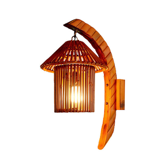 Bamboo Country House Wall Sconce With Arc Arm - Brown