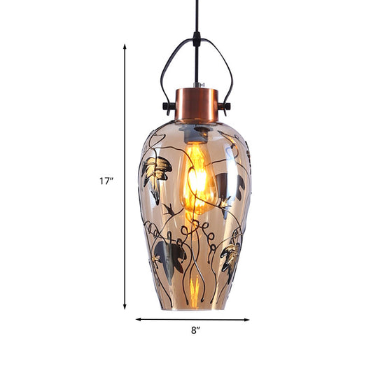 Traditional Copper Glass Ceiling Lamp Kit With Maple Leaf Pattern - 1 Bulb Pot Hanging