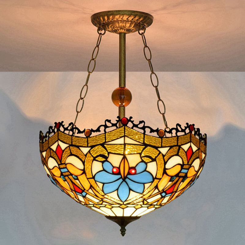 16 Retro Style Stained Glass Semi Flush Mount Light For Dining Room Gold /