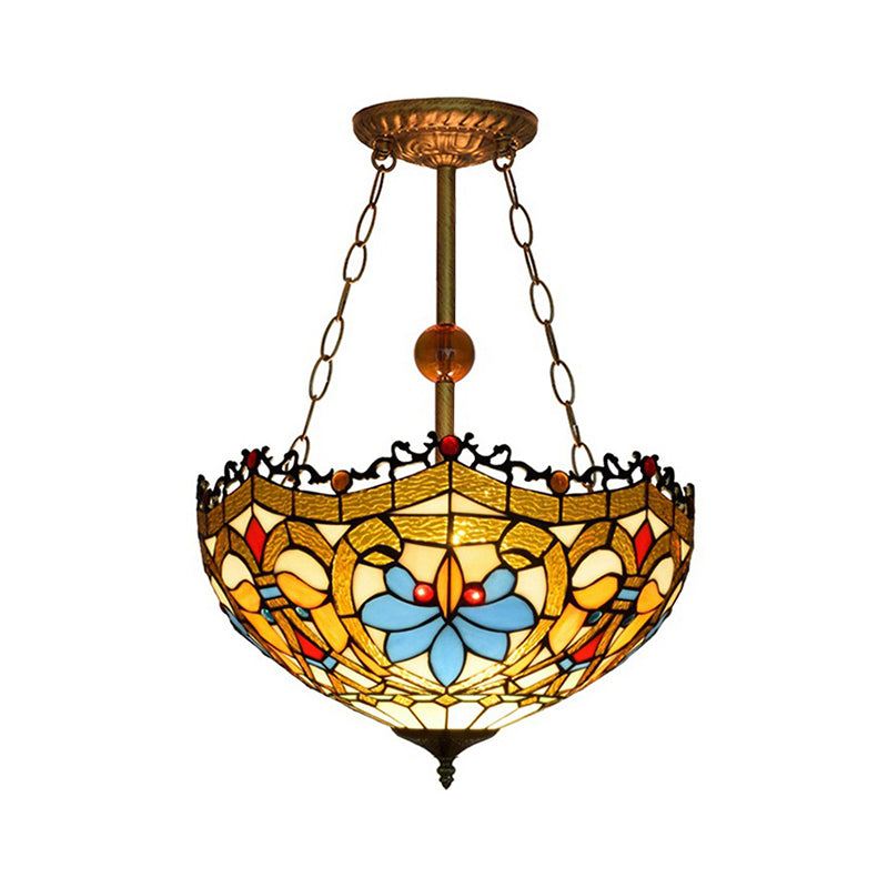 Dome-Shaped Stained Glass Semi Flush Light - Retro Style for Dining Room (16" W, 1 Light)