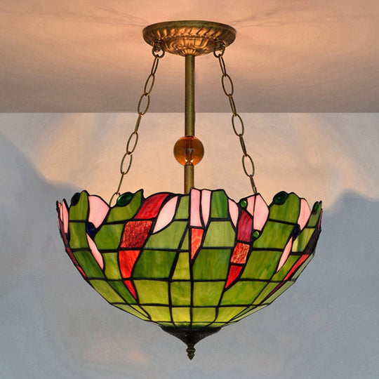 Dome-Shaped Stained Glass Semi Flush Light - Retro Style for Dining Room (16" W, 1 Light)