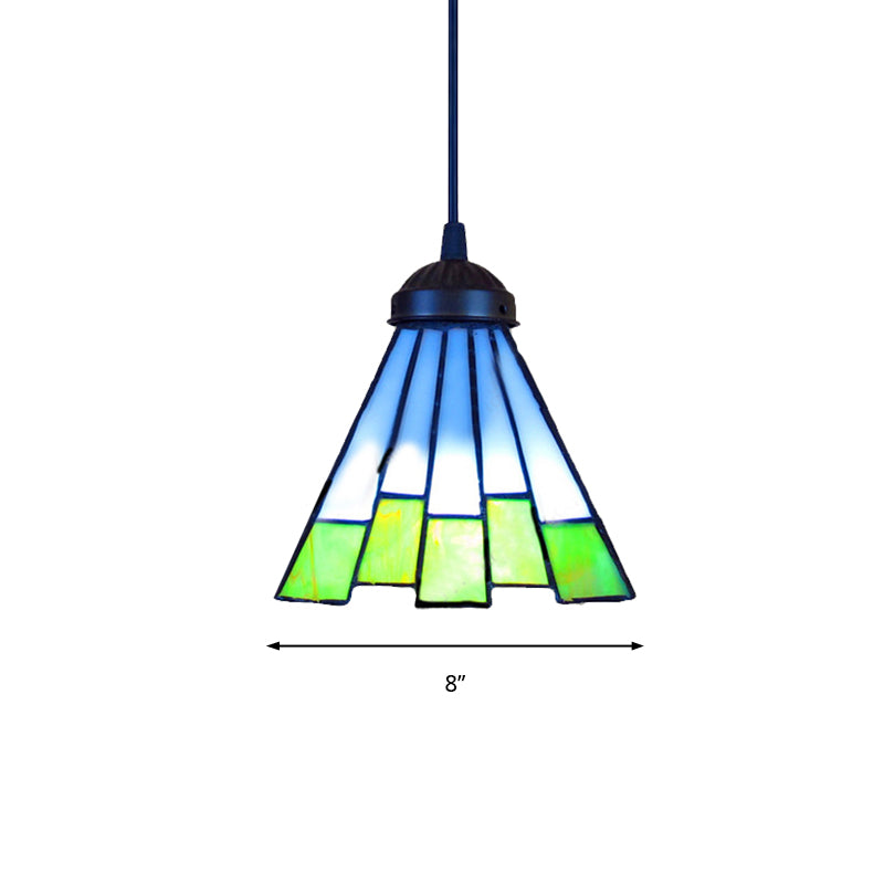 Green Tapered Pendant Ceiling Light: Tiffany 1 Head Multicolored Stained Glass Hanging Lamp