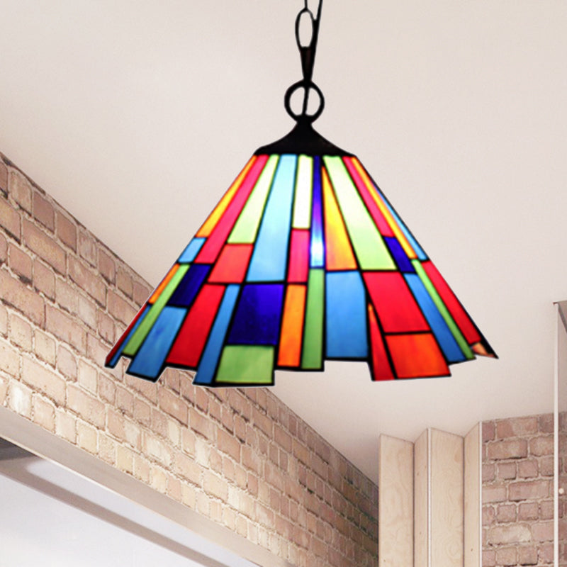 Tiffany Style Stained Glass Hanging Lamp - Conical Design Black Ceiling Pendant Ideal For Dining