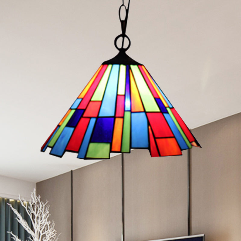 Tiffany Stained Glass Conical Hanging Lamp - Black Ceiling Pendant for Dining Room (12"/16" Width)