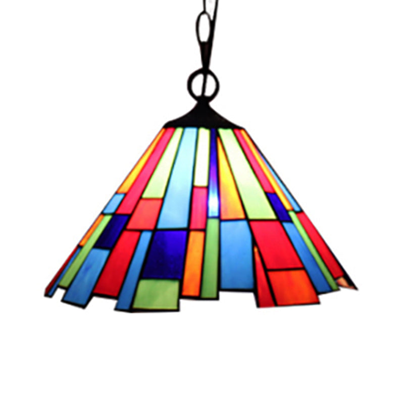 Tiffany Stained Glass Conical Hanging Lamp - Black Ceiling Pendant for Dining Room (12"/16" Width)