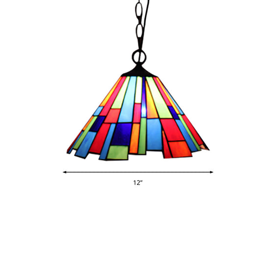 Tiffany Style Stained Glass Hanging Lamp - Conical Design Black Ceiling Pendant Ideal For Dining