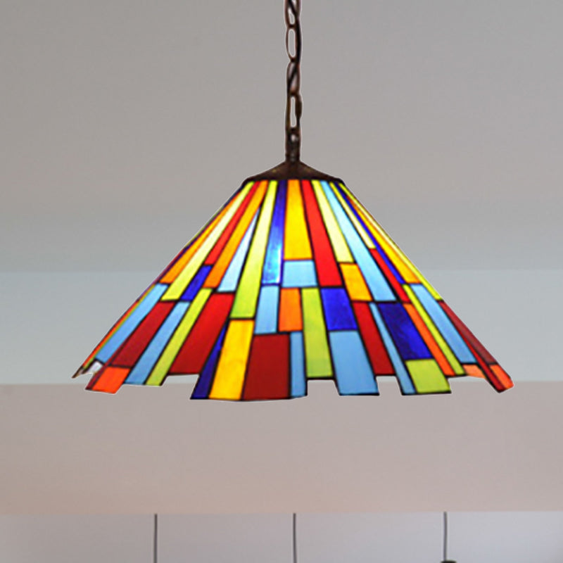 Tiffany Style Stained Glass Hanging Lamp - Conical Design Black Ceiling Pendant Ideal For Dining