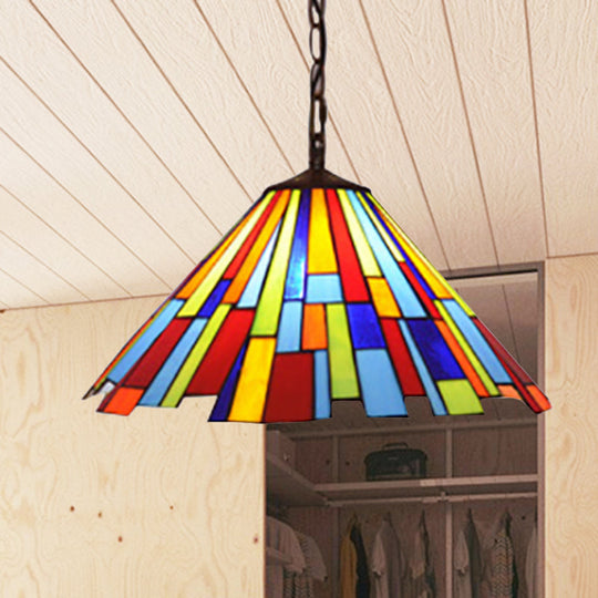 Tiffany Style Stained Glass Hanging Lamp - Conical Design Black Ceiling Pendant Ideal For Dining