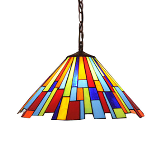 Tiffany Stained Glass Conical Hanging Lamp - Black Ceiling Pendant for Dining Room (12"/16" Width)