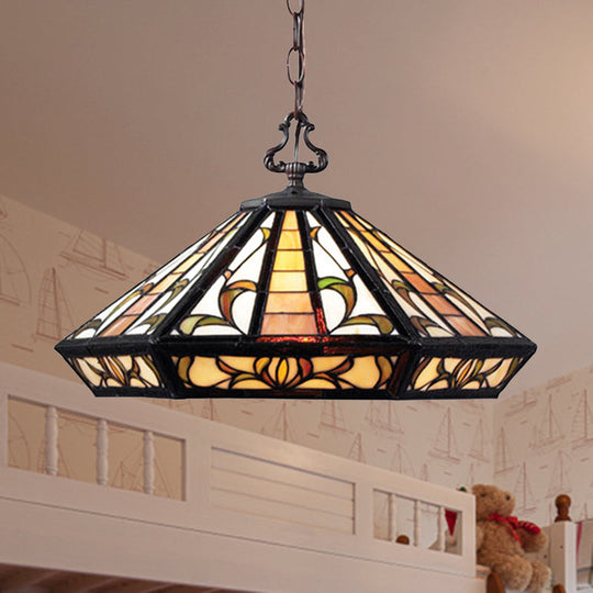 Tiffany Beige Geometric Stained Glass Pendant Ceiling Light for Bedroom