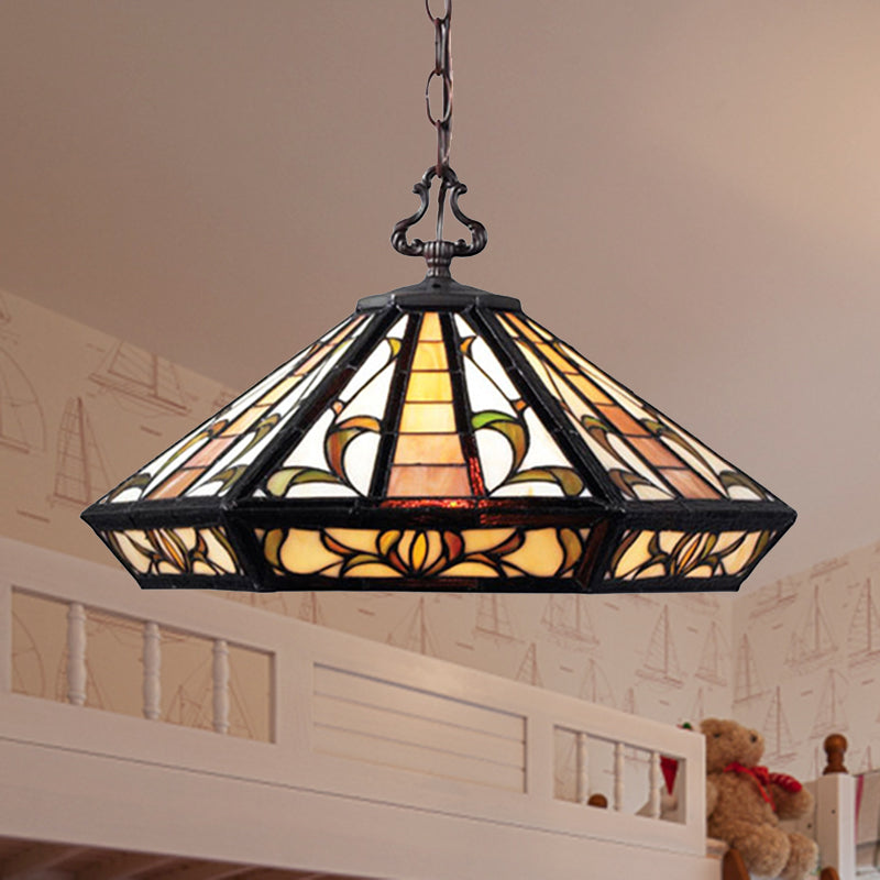 Tiffany Beige Bedroom Pendant Light With Geometric Stained Glass Shade 1-Light Hanging Ceiling