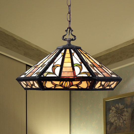 Tiffany Beige Geometric Stained Glass Pendant Ceiling Light for Bedroom