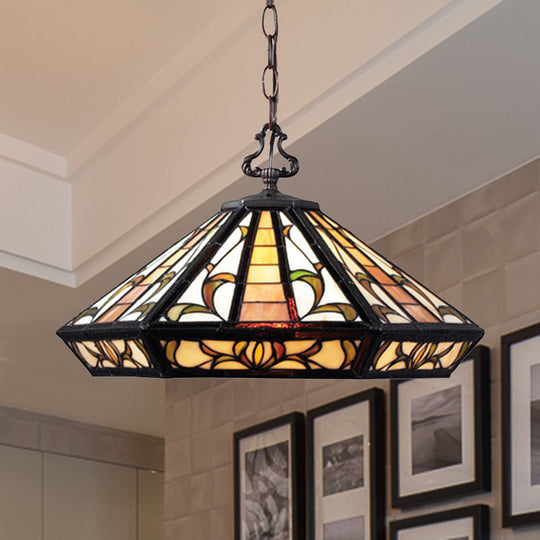 Tiffany Beige Geometric Stained Glass Pendant Ceiling Light for Bedroom