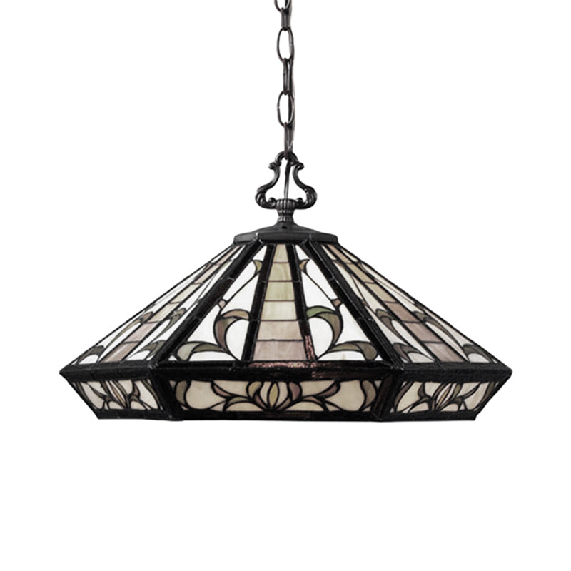 Tiffany Beige Geometric Stained Glass Pendant Ceiling Light for Bedroom