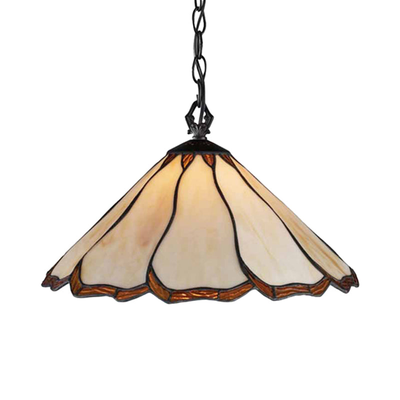 Beige Stained Glass Tiffany-Style Pendant Light for Bedroom 1-Bulb Flared Hanging Design