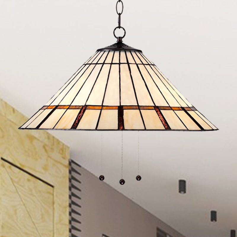 Tiffany Style White Glass Conical Hanging Lamp - 1 Bulb Ceiling Pendant With Metal Chain 16/19.5 W /