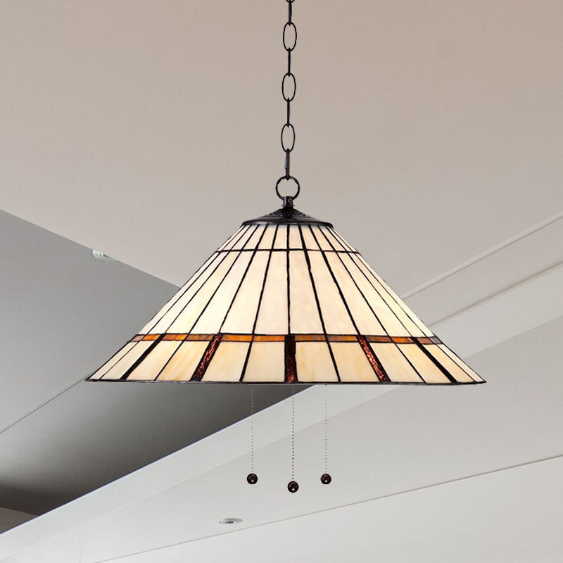 Tiffany Style White Glass Conical Hanging Lamp - 1 Bulb Ceiling Pendant With Metal Chain 16/19.5 W