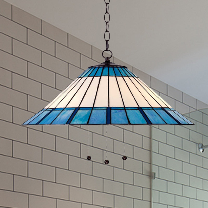 Tiffany-Style Blue Stained Glass Pendant Light - Tapered Design, 16"/19.5" W, Single Bulb