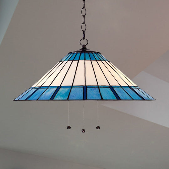 Tiffany-Style Blue Stained Glass Pendant Light - Tapered Design, 16"/19.5" W, Single Bulb