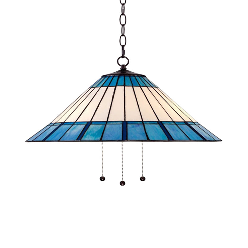 Tiffany-Style Blue Stained Glass Pendant Light - Tapered Design, 16"/19.5" W, Single Bulb