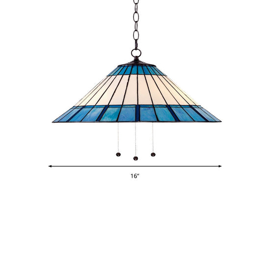 Tiffany-Style Blue Stained Glass Pendant Light - Tapered Design, 16"/19.5" W, Single Bulb