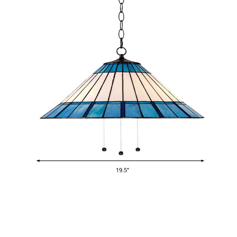 Tiffany-Style Blue Stained Glass Pendant Light - Tapered Design, 16"/19.5" W, Single Bulb