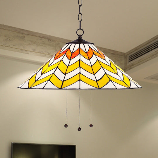 16"/18" W Single Head Conical Pendant Light in Tiffany-Style Orange and Yellow for Bedroom