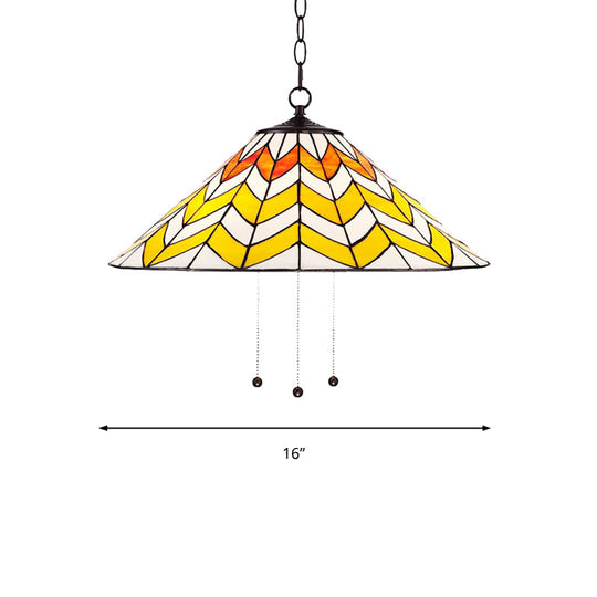 16"/18" W Single Head Conical Pendant Light in Tiffany-Style Orange and Yellow for Bedroom