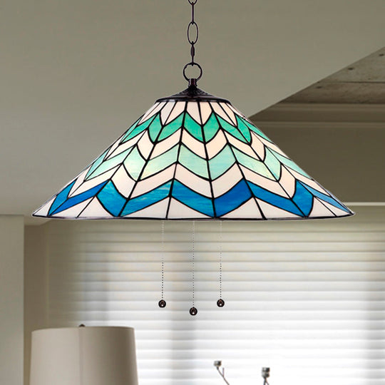 Blue Tiffany-Style Cone Pendant Light Fixture with Stained Art Glass - 16"/19.5" W, Single Head, Down Lighting