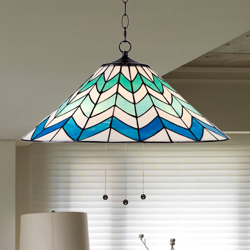 Tiffany-Style Blue Cone Pendant Light Fixture - 16/19.5 Single Head Stained Art Glass Down Lighting