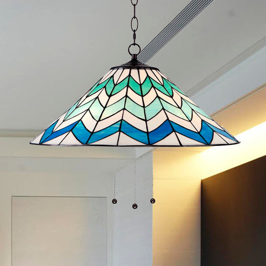 Tiffany-Style Blue Cone Pendant Light Fixture - 16/19.5 Single Head Stained Art Glass Down Lighting