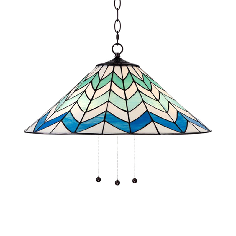 Blue Tiffany-Style Cone Pendant Light Fixture with Stained Art Glass - 16"/19.5" W, Single Head, Down Lighting