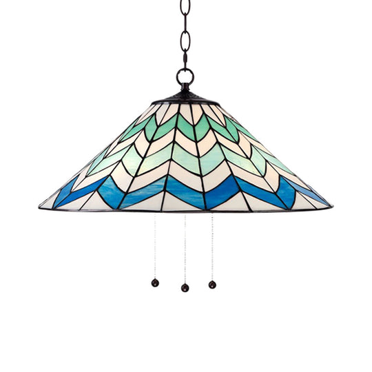 Tiffany-Style Blue Cone Pendant Light Fixture - 16/19.5 Single Head Stained Art Glass Down Lighting