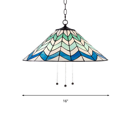 Blue Tiffany-Style Cone Pendant Light Fixture with Stained Art Glass - 16"/19.5" W, Single Head, Down Lighting