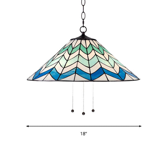 Blue Tiffany-Style Cone Pendant Light Fixture with Stained Art Glass - 16"/19.5" W, Single Head, Down Lighting