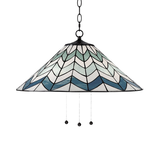 Blue Tiffany-Style Cone Pendant Light Fixture with Stained Art Glass - 16"/19.5" W, Single Head, Down Lighting