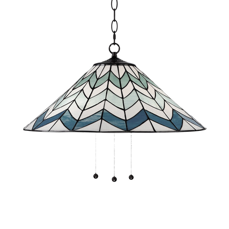 Tiffany-Style Blue Cone Pendant Light Fixture - 16/19.5 Single Head Stained Art Glass Down Lighting