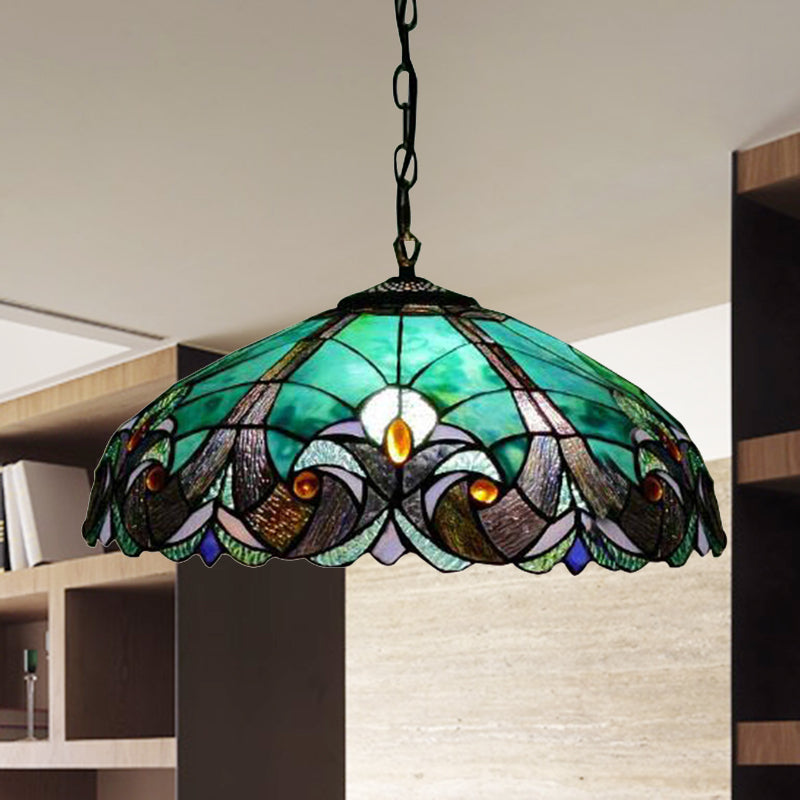 Tiffany Flared 4-Head Ceiling Lamp: Yellow/Blue Stained Art Glass Hanging Light For Bedroom Blue