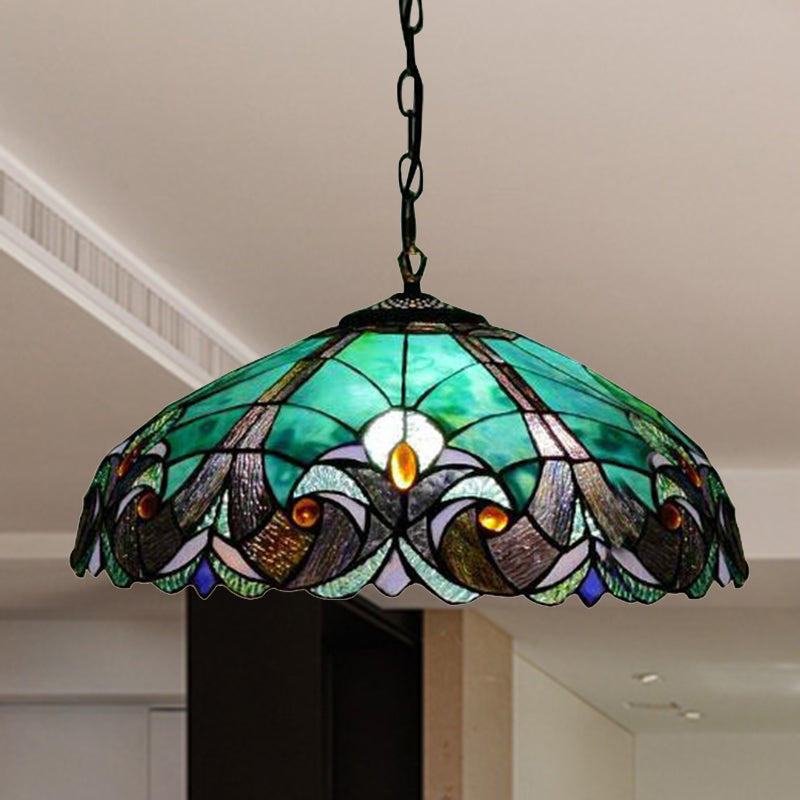 Tiffany Flared 4-Head Ceiling Lamp: Yellow/Blue Stained Art Glass Hanging Light For Bedroom